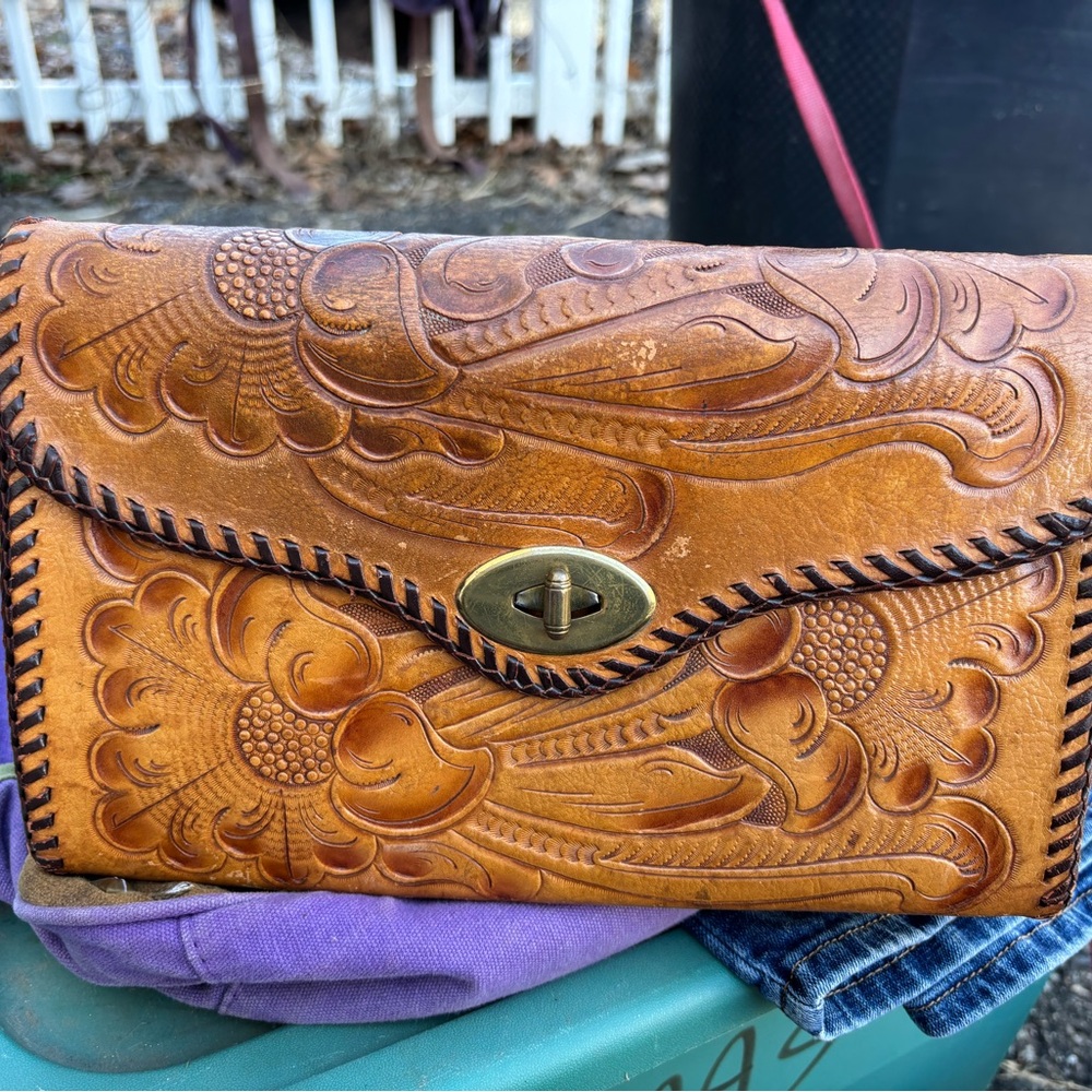 Hand-Tooled Leather Floral Clutch in Cognac
